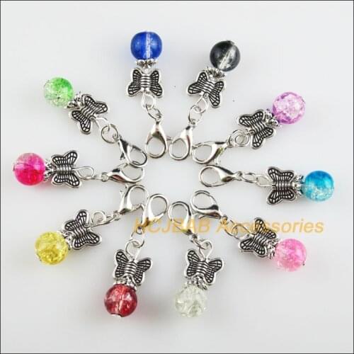 10Pcs Tibetan Silver Tone Butterfly Retro Mixed Shivering Glass 10x20mm With Lobster Claw Clasps Charms