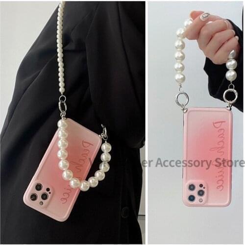 2021 Pearl Lanyard Strap Cord Chain Case For Huawei P40 30 Pro ins Peach Powder Mobile Phone Shell Mate 30/40 Pro Nova 5 6 7 Pro