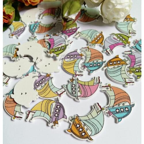50pcs 2 Holes Button Multicolor Cute sailboat Natural Decoration Sewing Scrapbooking Wood Buttons