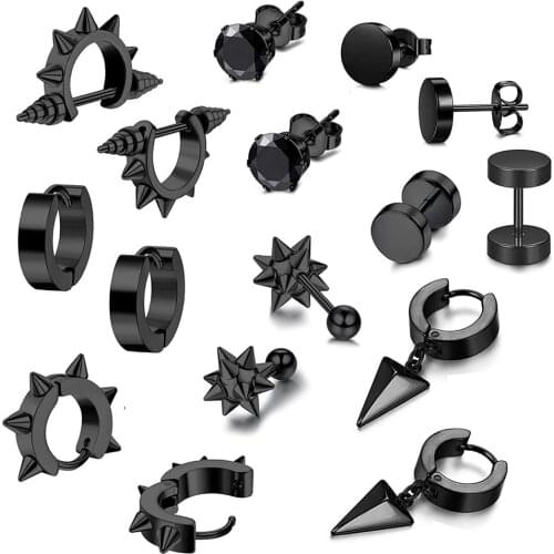 8 Pairs Black Stainless Steel Spike Stud Earrings for Women Men CZ Huggie Earring Punk Triangle Dangle Small Hoop Earrings Set