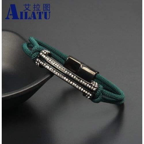 Ailatu Bracelet Men Stainless Steel Cz Long Bar Buckle Bracelet With Green String Braided Mens Jewelry Birthday Gift