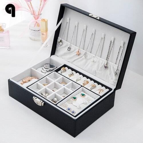 QM Double Layer PU Leather Capacity Jewelry Box Multifunction Storage Jewelry Watch Earring Travel Box Jewelry Makeup Organizer