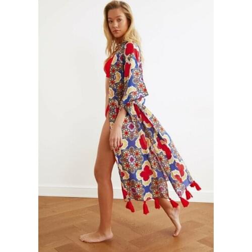 Ethnic Patterned Tassel Detailed Voile Kimono & Kaftan 100% Cotton Bohem Summer Beach Trend Fashion Style