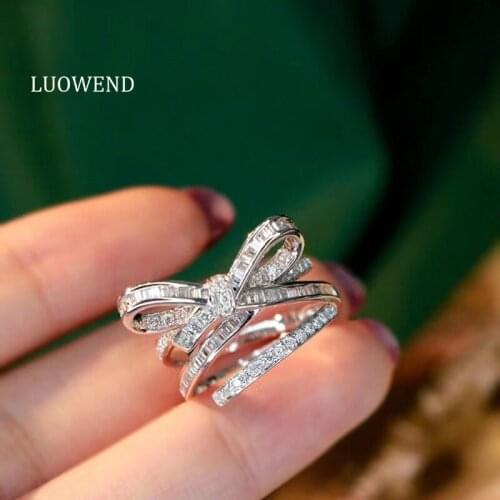 LUOWEND 100% Genuine 18K White Gold Ring Natural Diamond Ring Bow-knot Design for Women Party Birthday Customization