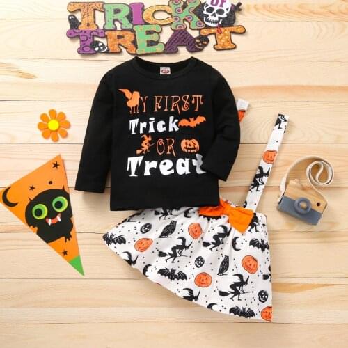 Toddler Baby Girls Halloween Letter Print Tops+cartoon Suspender Skirts Girl Sets Outfits Baby Girl Clothes Clothing Sets