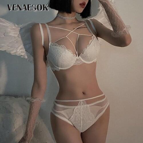 2021 Women Bra Set Sexy Bandage Fashion Underwear Brassiere Deep V Push Up Bra white Lace Lingerie Sets Thick Cotton Gather Bras