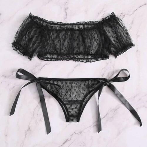 Sexy Print Off Shoulder Black 2 Piece Lingerie Sets Sweet Women Transparent Crop Tops+Thong Panties Underwear Babydoll Sleepwear