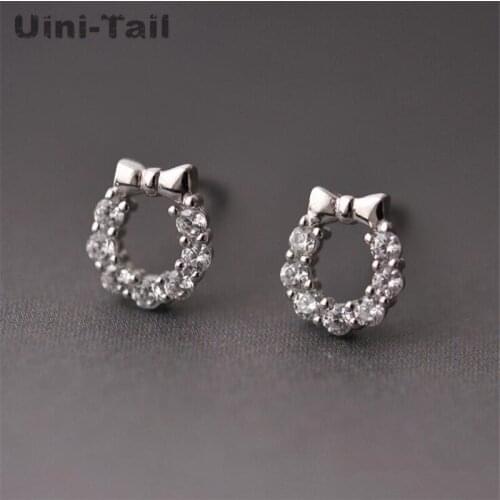 Uini-Tail hot new 925 sterling silver Korean fashion simple cute bow round micro-set earrings high quality trend jewelry GN625