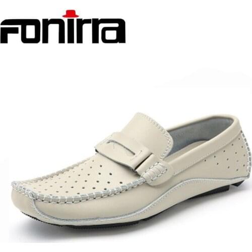 FONIRRA Summer Hollow Out Men Loafers Breathable Genuine Leather Sewing Men Casual Shoes Black Blue White Red Shoes 866