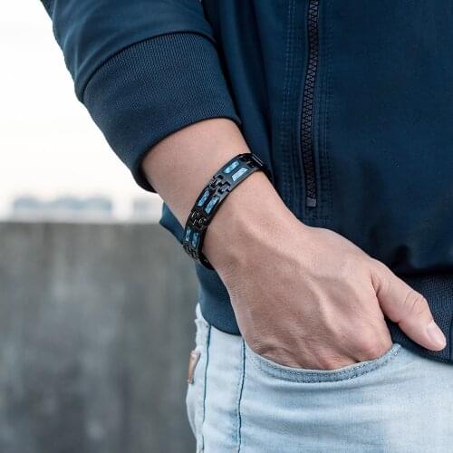 Black Magnetic Bracelet Male 15mm Blue Carbon Fiber Energy Bracelet Homme Wristband Magnetic Chain Stainless Steel Men Bracelet