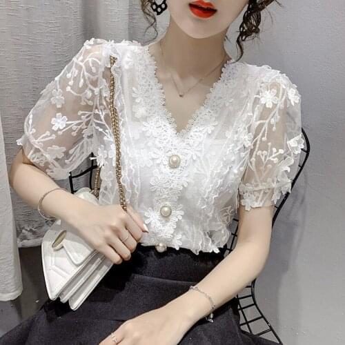 Fashion Cotton T Shirt Women Summer 2021 Plus Size Puff Sleeve Elegant Tee Embroidery Lace Floral Thin Basic Ladies Tshirts 129
