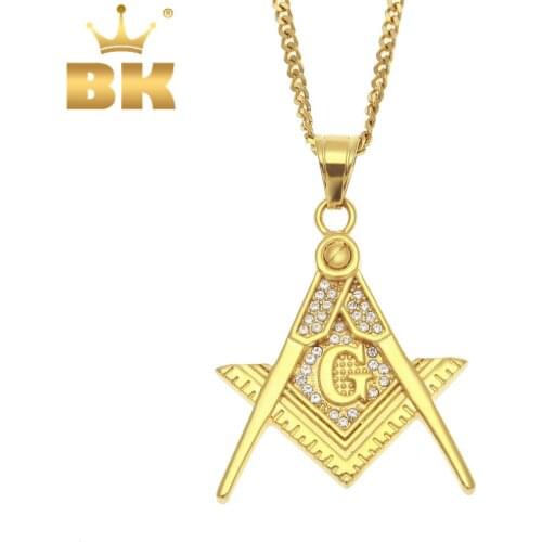 Fashion Masonic Necklaces Stainless Steel Freemason Pendant With Gold Color Cuban Chain Hiphop Iced Out Jewelry