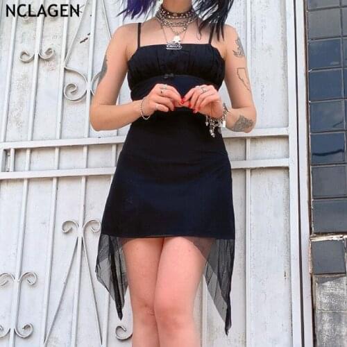NCLAGEN Gothic Bustier Mesh Double Layers Women Dress Sleeveless Milk Silk Spaghetti Strap Mini Dress Gothic Harajuku Vestidos