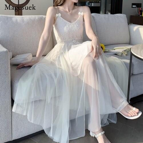 New Summer Sexy Sleeveless Party Dress Mesh Lace V Neck Maxi Dress for Women Floral A Line High Waist Long Dresses Robe 14881