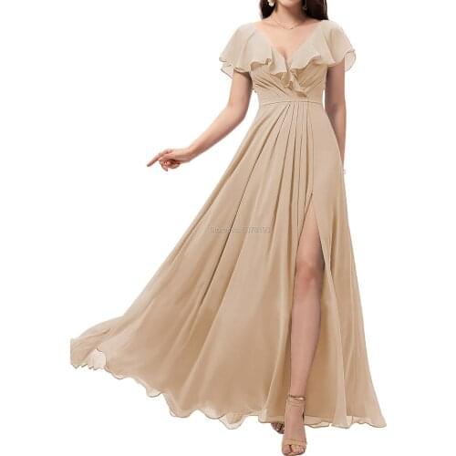 303 Champagne V-Neck Natural A-Line Floor-Length Chiffon Long Bridesmaids Dresses/Women Gowns Pleats/Ruffles/Slit Free Shipping