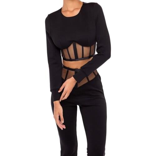 Seamyla 2020 New Autumn Black Lace Long Sleeve Two Pieces Sets Top& Full Pant Women Bandage Runway Evening Party Club Casual Set