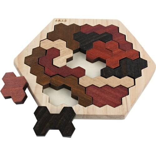 Hexagonal Wooden Puzzles IQ Game Educational Toys For Children Kids Adults Tangram Board IQ Brain Teaser Montessori Toys Gifts