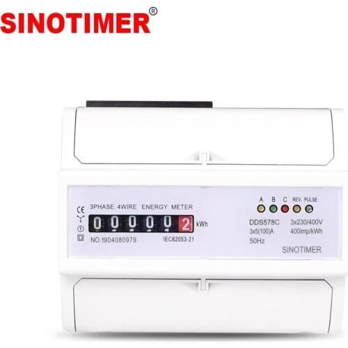 SINOTIMER Durable Three Phase Analog Electronic Energy Counter Mechanical KWH Meter AC 380V 5-100A DIN Rail Mounting
