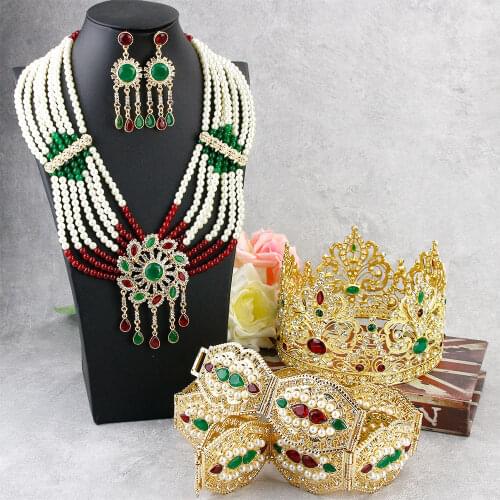 Sunspicems Gorgeous Gold Color Morocco Wedding Jewelry Sets Big Crown Tiaras Waist Belt Beaded Earring Necklace Bridal Gift 2021