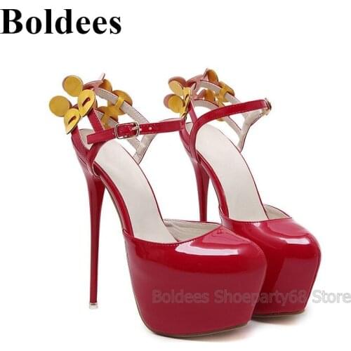 Fashion Red Black Patent Leather Thick Platform High Heel Dress Shoes Women Pumps Ankle Wrap Gold Flowers Decor Thin High Heels