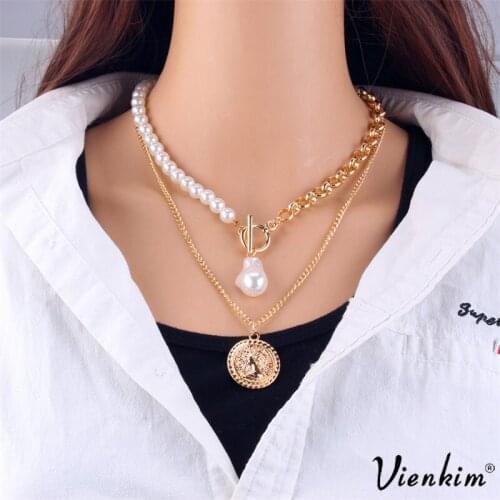 Vienkim Fashion Chain Pearl Necklace For Women Baroque Pearl Metal Charm Pendants Necklaces New Choker Jewelry Gold Silver Color