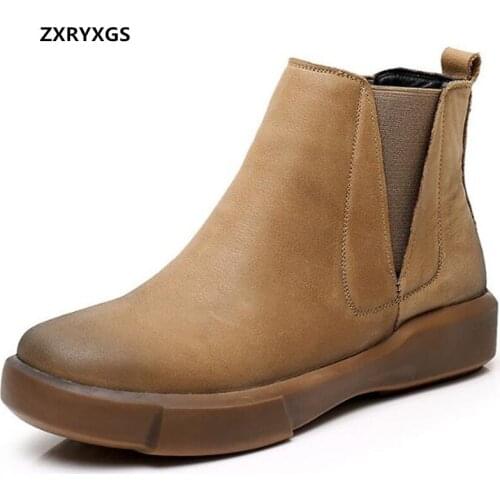 2020 New Autumn Trendy Shoes Woman Simple Fashion Ankle Boots Genuine Leather Shoes Flat Soft Comfort Chelsea Boots Large Size