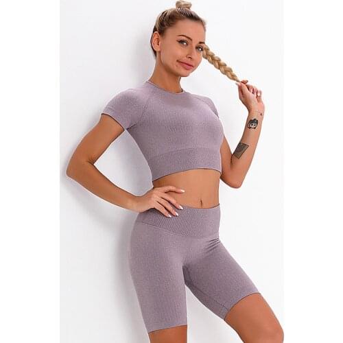 2Pcs Women Seamless Striped Sports Suit Short-Sleeve Top Vest Tights Stretch Running Shorts Leggings Female Fitness Yoga Set