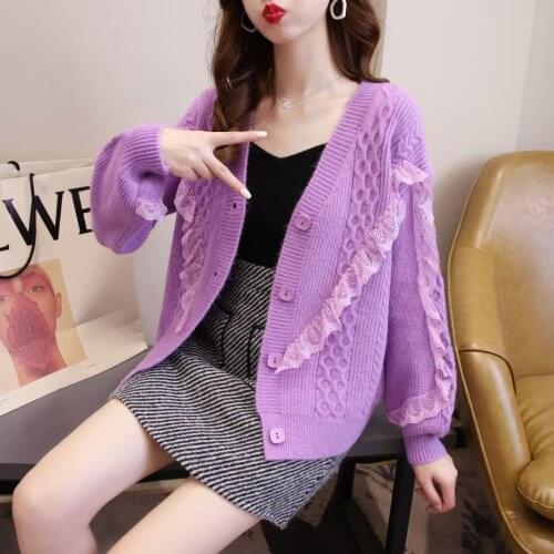 Women Fashion V-neck Cardigan Sweater Casual All-match Loose Outer Wear Lace Knit Single-breasted Cardigan Jacket Autumn/Winter