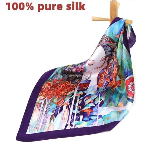 Pure Silk Scarf Women Bandana Female Handkerchief Goddess Hair Scarf Artistic Watercolor Womens Natural Silk Square Headband