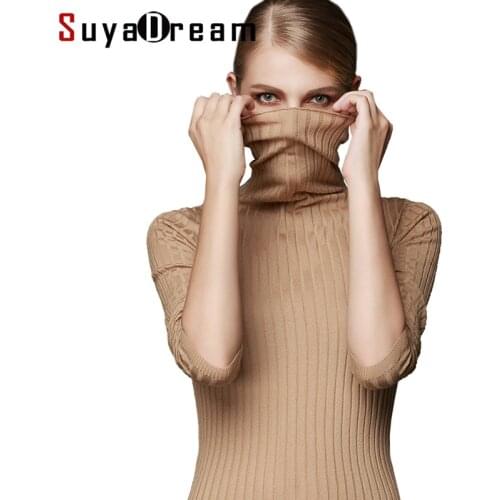 SuyaDream Women Wool Turtleneck Pullover 100%Wool Rib Knits Solid Sweaters White Black Khaki Bottoming pull femme