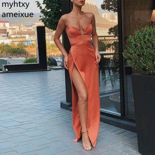 Evening Sweetheart A-line Sleeveless Floor-length Satin Sleeveless Simple Side Split Evening Dress 2020 Plus Size Vestido Festa