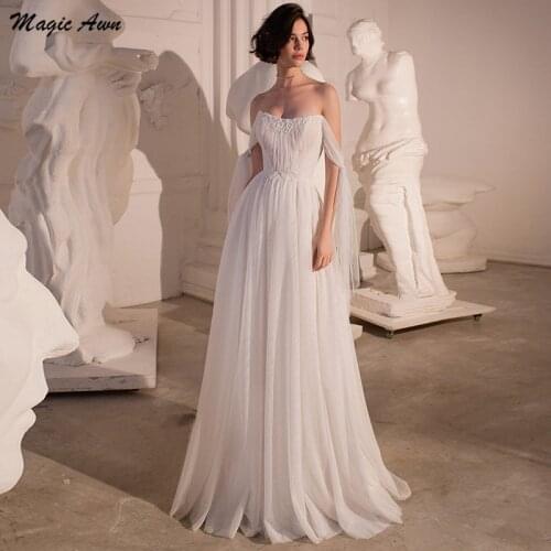 Magic Awn Boho Wedding Dresses For Women Off The Shoulder With Straps Lace Appliques Simple Beach Wedding Party Gowns Vestidos