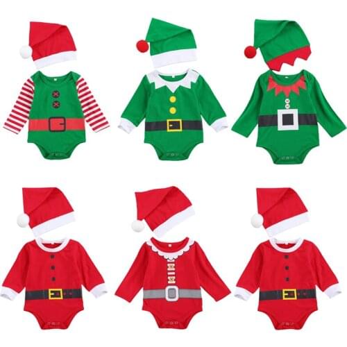 2020 Christmas 0-12M Newborn Baby Girls Boys Party Romper Hats 2pcs Long Sleeve Cotton Xmas Jumpsuits Outfits
