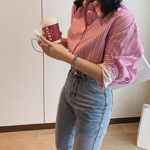 2021 Womens Pink Plaid Striped Shirt Blouses Za Woman Top Clothing Oversize Long Sleeve T-shirts Fashion Cardigan Dress Spring