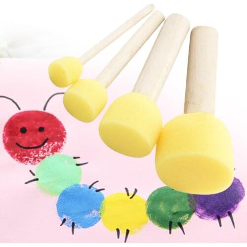 4pc/Set Yellow Sponge Paint Brush Wooden Handle Sponge Brush Childrens Graffiti Painting Tool Craft DIY Graffiti Drawing Toys K
