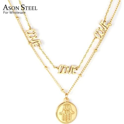 ASONSTEEL Gold Color Hamsa Hand Round Pendant Multi-layer Necklace Stainless Steel Fatima Choker for Women Men Fashion Jewelry