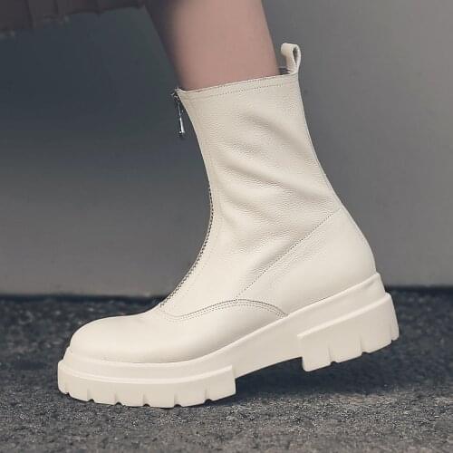 Women Genuine Leather Boots fashion Handmade cow leather patent leather short boots Front zipper platform short boots Tube circ