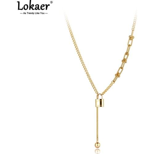 Lokaer Titanium Stainless Steel Lock Charm Pendant Necklaces Jewelry Fashion Bohemia Chain Link Necklace For Women Girls N21117