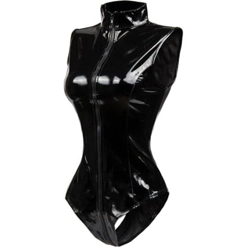 Black Crotch Zipper Sleeveless Sexy Spandex Bodysuit Leather Latex Catsuit PVC Jumpsuit Women Short PU BodySuit Clubwear