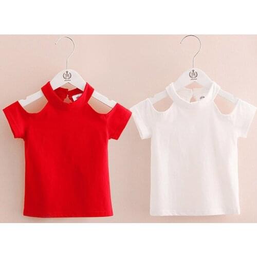 Kids Tops Strapless 2021 Summer 2-10 Years Childrens Clothing Beach Red White O-Neck Cotton Short Sleeve T-Shirt For Baby Girls