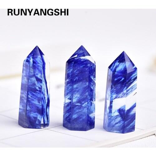 35-45mm 1PC Artifical Blue smelting crystal quartz Hand Carved crystal points wand pillar healing stone