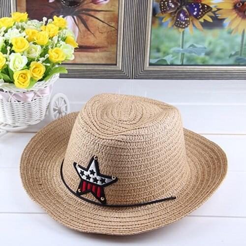 Summer Star Cartoon Children Cowboy Hats Straw Jazz Hat Cap Fashion Boys Girls Wide Brim panama Beach straw Hat Sunhat
