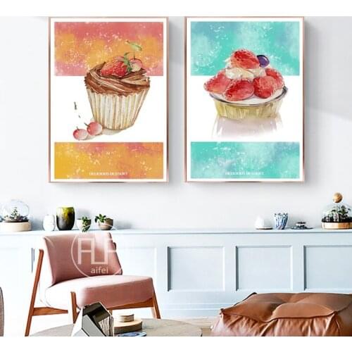 Minimalist Watercolor Strawberry Cake Painting Cartoon Dessert Canvas Art Wall Picture For Kitchen Nordic Decoration Home Poster
