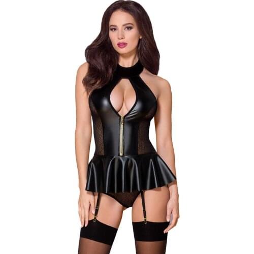 Fashion Women Wetlook Latex Lingerie Dress Zip Up Backless Open Hip Summer Erotic Costumes Bodycon Underwear Nightwear