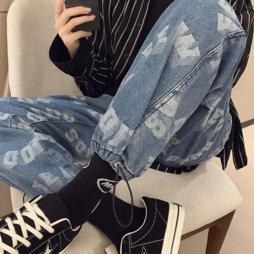 Blue Jeans Mens Spring Summer All-match Printed Letters Loose Thin Washed Trousers Male Clothes Tide Streetwear Four Seasons