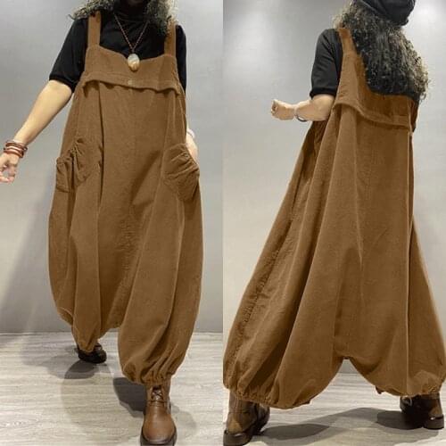ZANZEA 2021 Autumn Drop-Crotch Overalls Womens Corduroy Jumpsuits Vintage Button Rompers Female Casual Pockets Pants Trousers