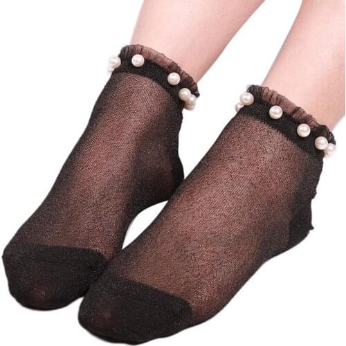Sexy Women Faux Pearl Ultra-Thin design Glitter Transparent Low Cut Elastic Short Ankle Socks