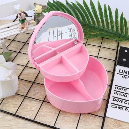 Girls Jewelry Box 2 Layers Pink Heart Folding Makeup Organizer Princess Choker Ring Necklace Storage Box With Mirror