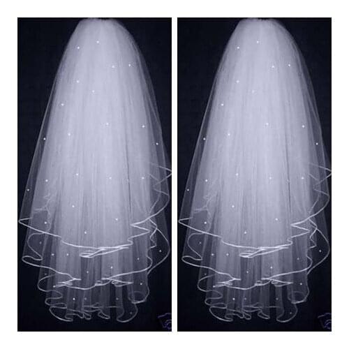 Three Layers Ribbon Edge Wedding Veil Pearls White Ivory Short 3 Layers Bridal Veil