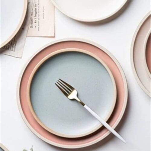 KINGLANG Japanese Solid Color Plates Ceramic Tableware Home Steak Plate Flat Plate Food Dish